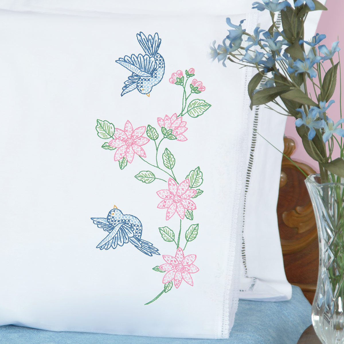 Lace Edge Pillowcases - Birds 31