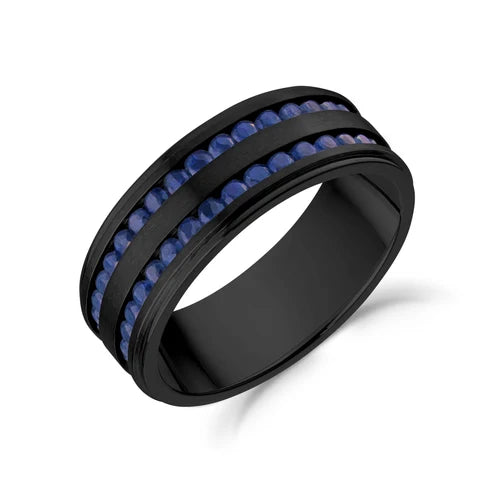 ARZ Ring - Black W/Double Row Blue CZ 8mm Sz 10