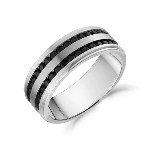 ARZ Ring - Steel W/Double Row Black CZ 8mm Sz 12